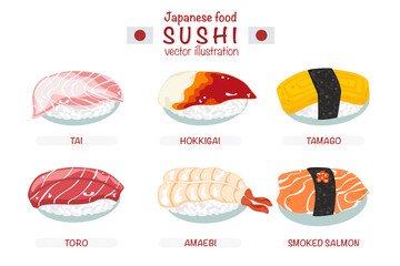 Set of different types of sushi vector illustration. Delicious food. Popular Japanese food. Nigiri sushi. Raw fish on rice. Recipe. Cooking. Menu. Restaurant. For food design, poster and background. © Eero_iam