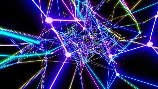 A Vivid Exploration of Abstract Digital Art Featuring Multicolored Neon Lines and Geometric Patterns Intertwined Against a Dark Background
