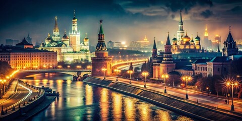 Fototapeta premium Vintage Moscow Nightscape: Illuminated City Streets & Iconic Architecture