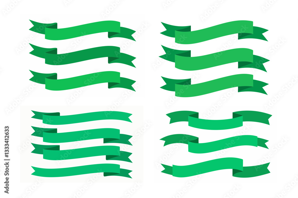 Poster a set of green ribbon banners in vector-style illustration. each ribbon has a slightly different sha