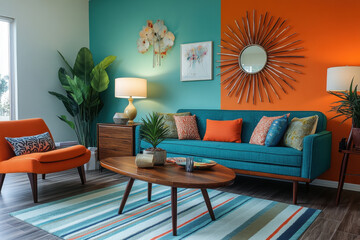 Living room with bold orange and blue accents: vibrant wall art, sleek navy sofa, geometric patterned rug, and cozy throw pillows on a minimalist coffee table.