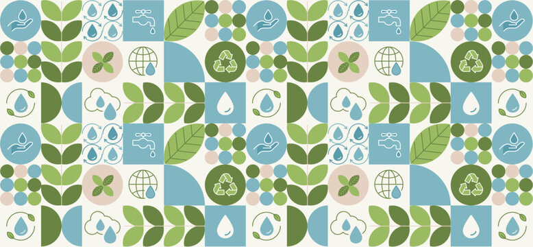 Recycling day. concept for world environment and sustainable development, recycling symbols, bins, plastic bottles, and carbon emission reduction. Illustrated with a green pattern natural shapes.
