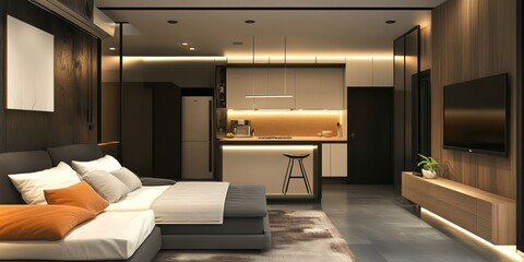 A modern studio apartment with bed and kitchenette area