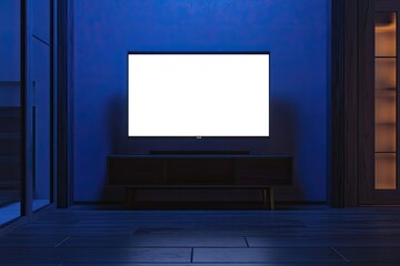 Tv on Cabinet in Modern Empty Room at Night with Behind the Dark Blue Wall3D Rendering