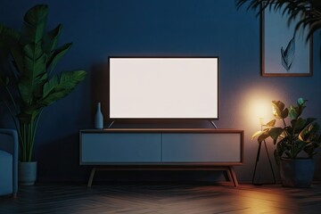Tv on Cabinet in Modern Empty Room at Night with Behind the Dark Blue Wall3D Rendering