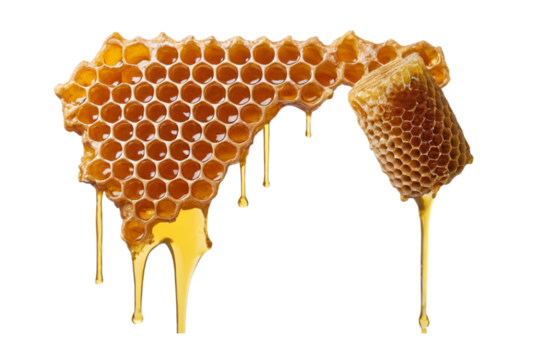Golden honeycomb dripping with honeycomb on white background