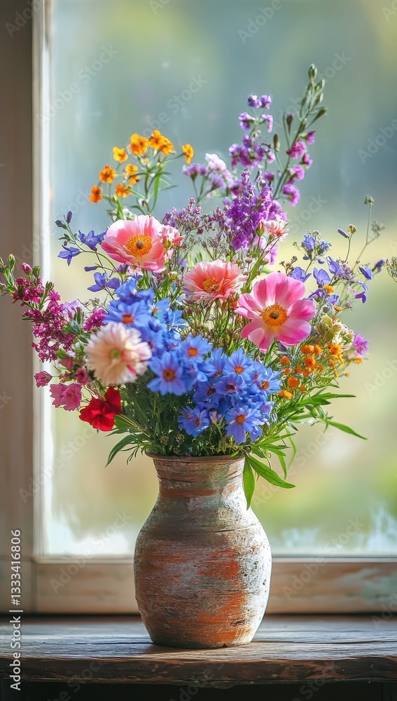 Aufkleber vibrant mixed flower bouquet in rustic pot with natural background and soft light illuminating delic
