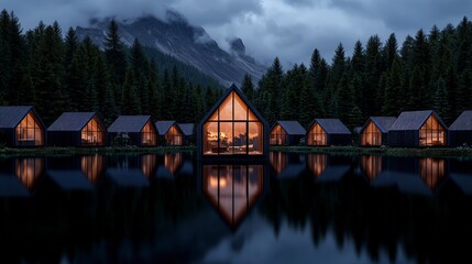 Obraz premium Eco Friendly Cabins Futuristic Lake House Architecture