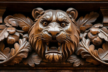 Intricate wooden lion carving surrounded by ornate foliage, showcasing craftsmanship and artistry