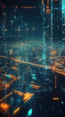 Fototapeta premium Double Exposure Effect About Transportation and Logistics. Futuristic City Nightscape with Glowing Digital Data Streams