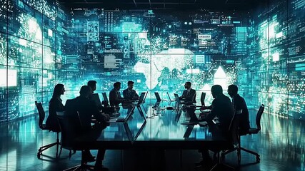 A modern tech company meeting with a digital data display screen in the background. - Powered by Adobe