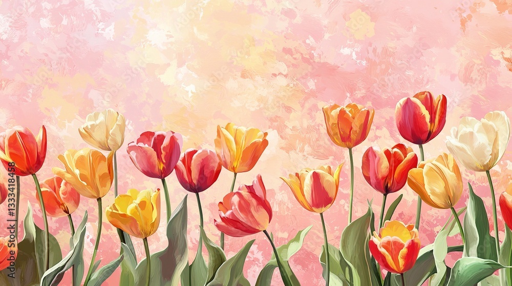 Poster vibrant tulips in a cheerful spring setting with soft background