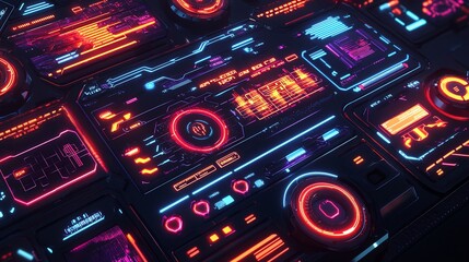 Innovative game UI concept featuring sci fi inspired interface elements neon interactive buttons and futuristic typography