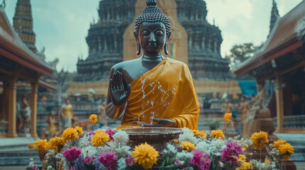 Pi Mai Lao, Serene Buddha Statue at Temple Water Pouring Flowers Asian Religion