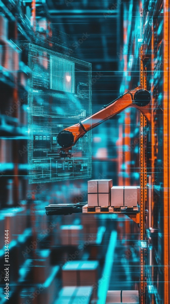 Poster double exposure effect about transportation and logistics. robotic arm interacting with digital inte