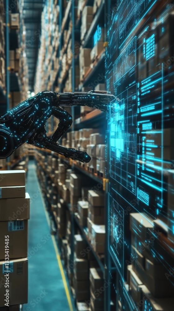 Poster double exposure effect about transportation and logistics. robotic arm interacting with digital inte