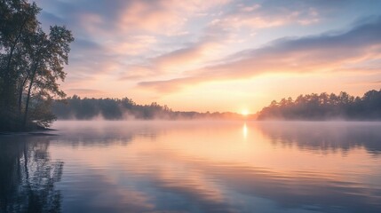 Obraz premium Serene Lakeside Scene with Mist Rolling Over Calm Waters at Dawn