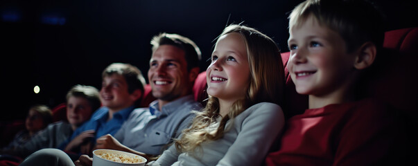 Family enjoying a movie night with popcorn in a cozy theater during the weekend