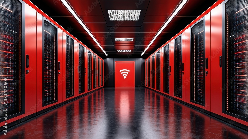 Poster long row of high-performance servers in a 5g-enabled data center showcasing modern technology and co