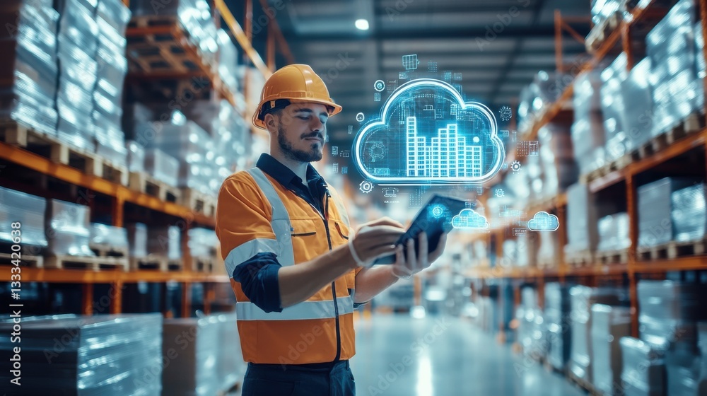 Poster double exposure effect about transportation and logistics. warehouse worker using digital tablet wit