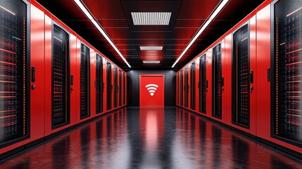 Long row of high-performance servers in a 5g-enabled data center showcasing modern technology and connectivity