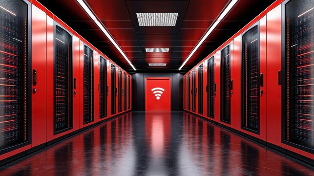 Long row of high-performance servers in a 5g-enabled data center showcasing modern technology and connectivity
