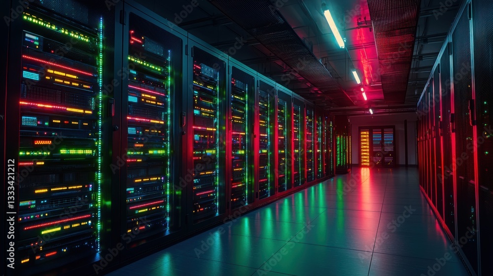 Poster high-tech server room filled with multiple servers indicating advanced ai-driven network monitoring 