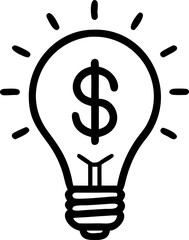 black and white illustration of light bulb with dollar sign inside, symbolizing financial ideas or innovation. light bulb has rays emanating from it, indicating brightness or inspiration