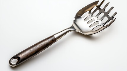 Close-up of a Slotted Spoon with Dark Brown Wooden Handle on White Background.  A Detailed Image of a Kitchen Utensil for Cooking