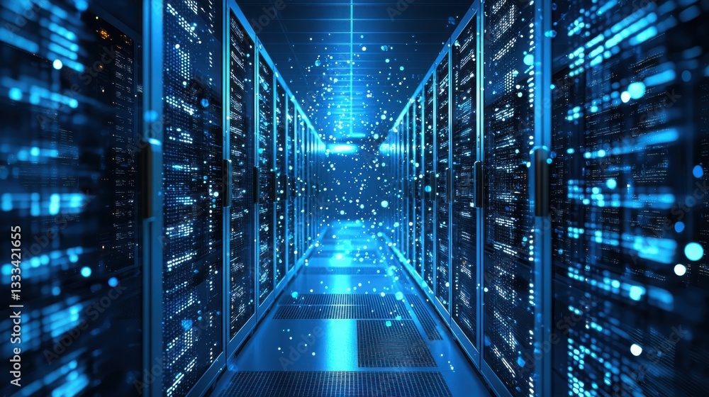 Poster high-tech server room filled with multiple servers and advanced equipment showcasing big data proces