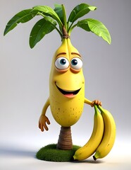 A 3D animated cartoon render of a Banana Smoothie character isolated Cheerful Cartoon Hero Vegetables Character 3D Rendered on White background.
