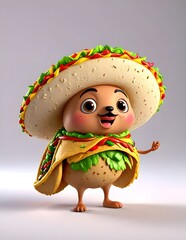 A drawing of a Hand drawn taco cartoon illustration hamburger with a face drawn on it Character 3D Rendered on White background.