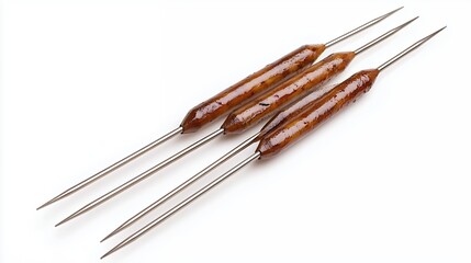 Fototapeta premium Close-up of Four Dark Brown Cylindrical Fishing Lures on Thin Metallic Wires Against White Background