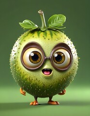 A 3D animated cartoon render of a Cute Happy Big Eye Animated Pear Character 3D Rendered on White background.