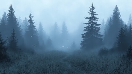 Ethereal Blue Winter Forest With Fog And Soft Light