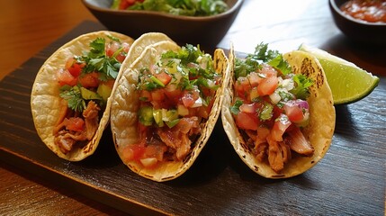 Three Delicious Mexican Pork Carnitas Tacos on Wooden Serving Board