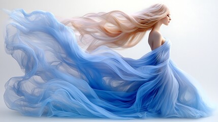 Obraz premium Woman flowy dress, hair blowing, beauty, clean backdrop