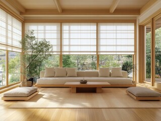 Fototapeta premium A minimalist living room features natural light and wooden accents