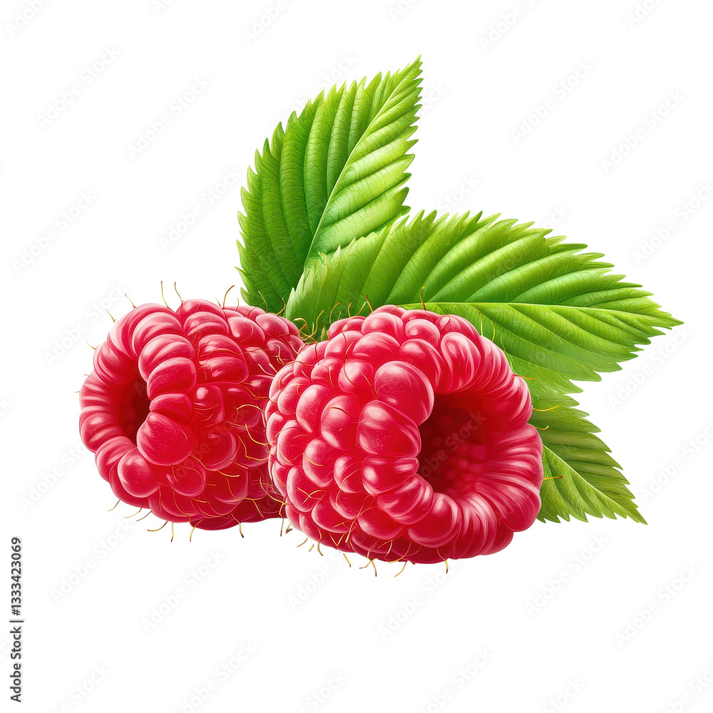 Aufkleber fresh raspberry fruit with vibrant green leaves isolated on transparent background for culinary use,