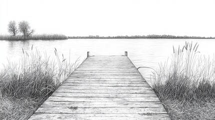 Obraz premium Serene Black and White Landscape with Wooden Dock and Calm Water Surrounded by Grass