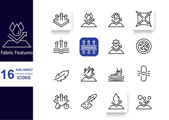 This is a set of icons for fabric features. The icons include Breathable, Waterproof, Stain-Resistant, Stretchable, and Wrinkle-Resistant. Editable stroke. Vector illustration.