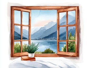 wellness concept mindfulness sleep quality. A watercolor scene of a cozy bedroom with an open window, where the fresh air and mindfulness exercises promote deep sleep
