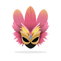 Vector illustration of a carnival mask adorned with pink feathers and golden decorative elements. The mask features an ornate design, black eye cutouts, and elegant embellishments, making it ideal for