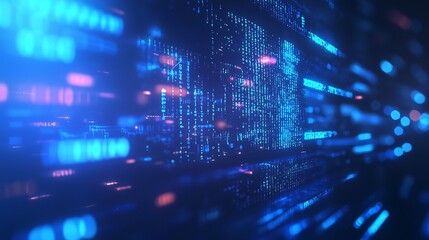 Blurry blue bokeh background abstract programming codes neon digital network encryption patterns and futuristic cybersecurity defense visualization