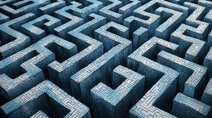 Intricate Labyrinth Structure with Complex Pathways in a Blue Toned Digital Environment