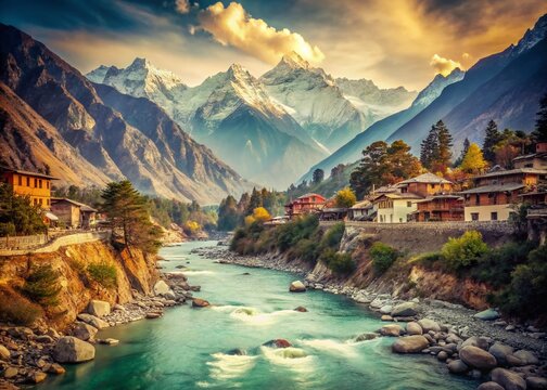 Vintage Photo: Bhagirathi River, Gangotri, Uttarakhand, India - Majestic Himalayan Landscape