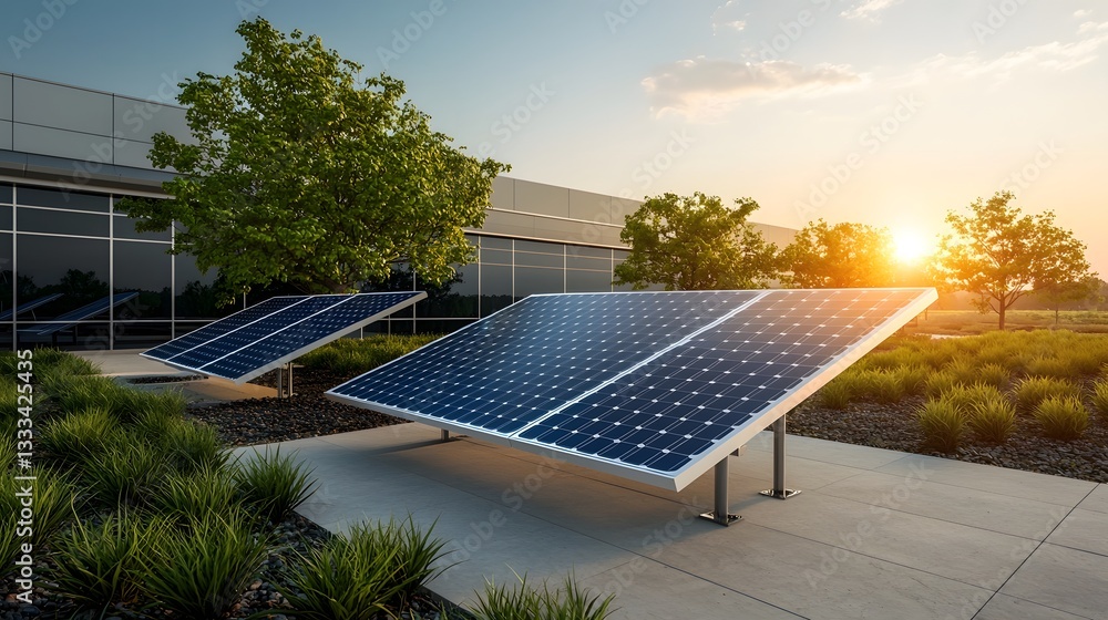 Poster a modern futuristic solar power plant with sleek angular architecture and large solar panel arrays c