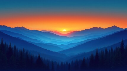 Serene Sunset Over Majestic Mountains with Silhouetted Forest and Gentle Hues of Blue and Orange