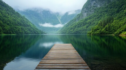 Obraz premium Serene mountain lake with wooden dock, reflecting lush green hills and mist.