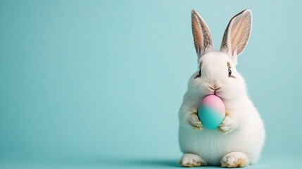 Cute Easter Bunny Holding Pastel Egg on Blue Background